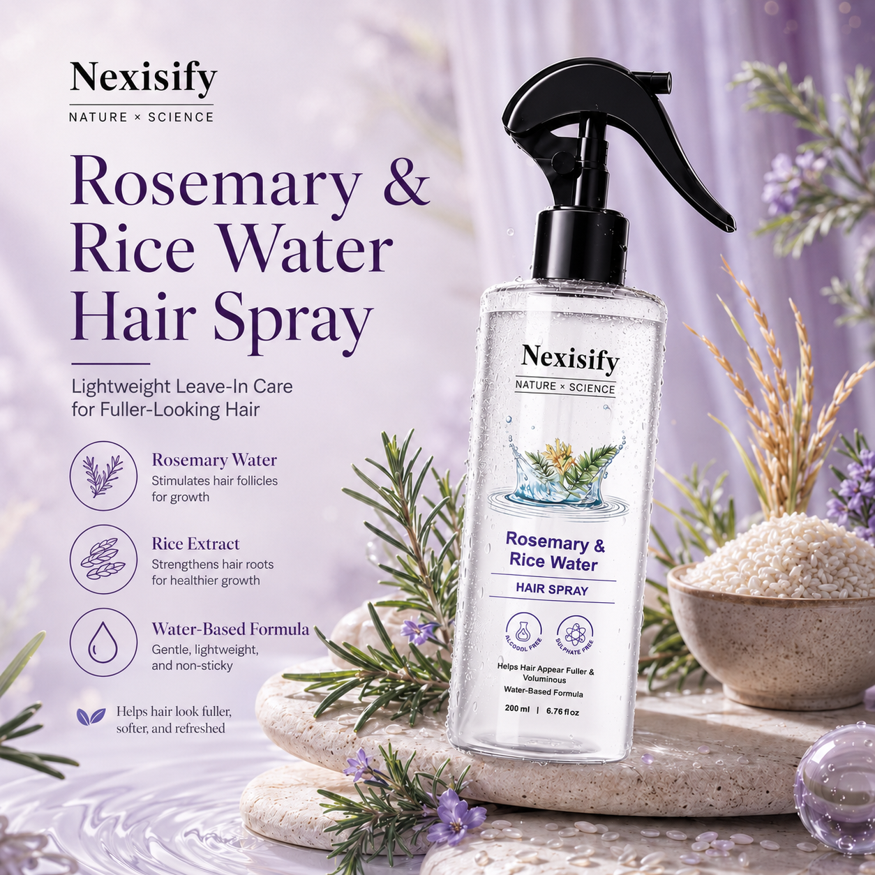 Rosemary Rice Water Hair Mist for Soft Smooth Non Greasy Hair