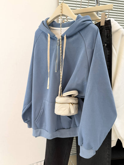 Style Real Shot Autumn Winter New Shoulder Sleeve Hoodie Women Loose Korean Style Thin Half-Zip Hooded Fleece Jacket