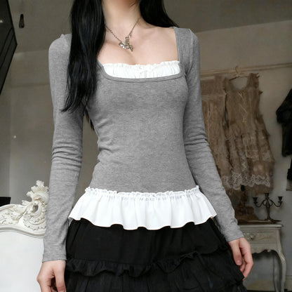 Doll collar pleated patchwork fake two-piece top
