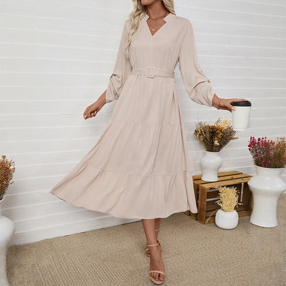 Stand up collar long sleeved solid color jumpsuit long skirt with belt