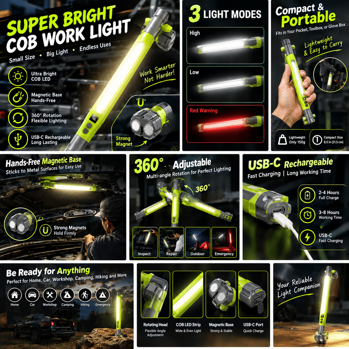 🔦 Rechargeable COB Work Light -【49% OFF】- ✨ Magnetic 360° Rotation Hands-Free Wide Area Illumination