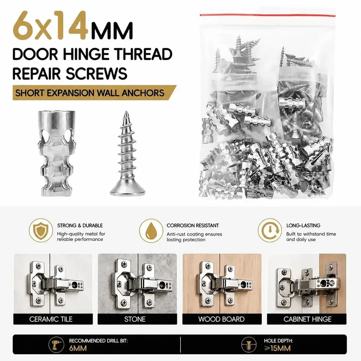 High Strength Hinge Repair Screws | 6×14mm Door Hinge Thread Repair Screws Kit