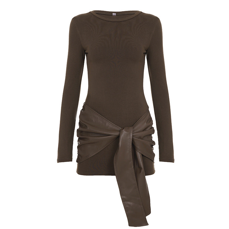 Solid color PU decorative dress with front tie
