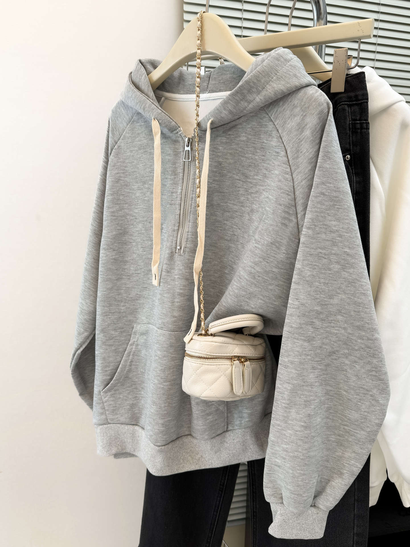 Style Real Shot Autumn Winter New Shoulder Sleeve Hoodie Women Loose Korean Style Thin Half-Zip Hooded Fleece Jacket