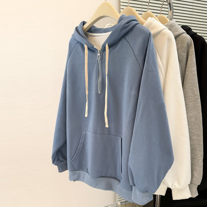 Style Real Shot Autumn Winter New Shoulder Sleeve Hoodie Women Loose Korean Style Thin Half-Zip Hooded Fleece Jacket