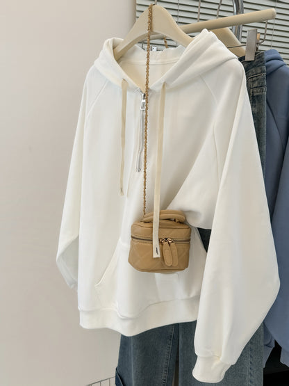 Style Real Shot Autumn Winter New Shoulder Sleeve Hoodie Women Loose Korean Style Thin Half-Zip Hooded Fleece Jacket