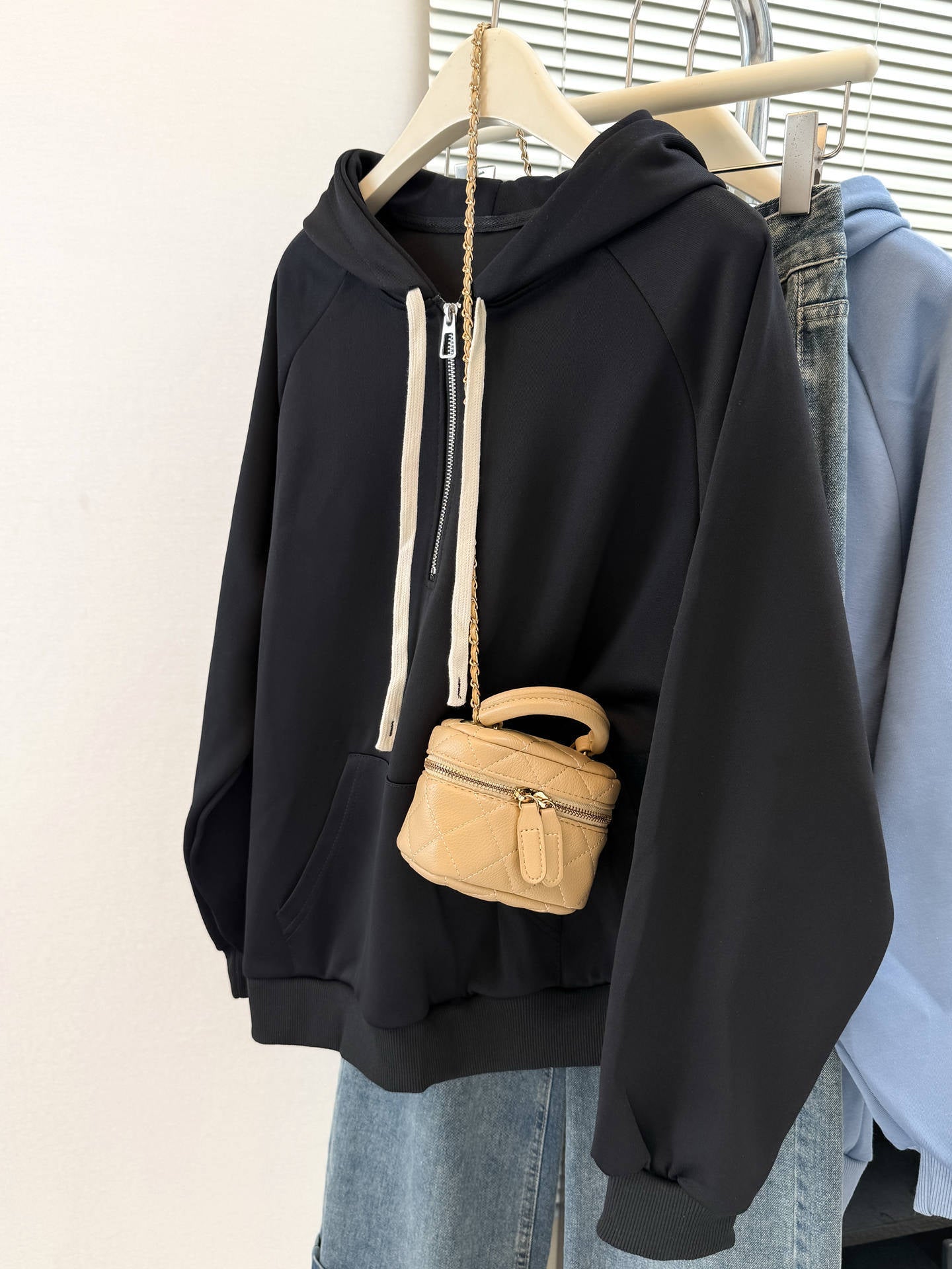 Style Real Shot Autumn Winter New Shoulder Sleeve Hoodie Women Loose Korean Style Thin Half-Zip Hooded Fleece Jacket