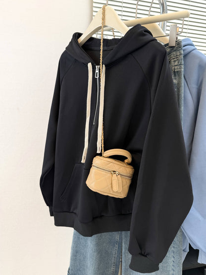 Style Real Shot Autumn Winter New Shoulder Sleeve Hoodie Women Loose Korean Style Thin Half-Zip Hooded Fleece Jacket