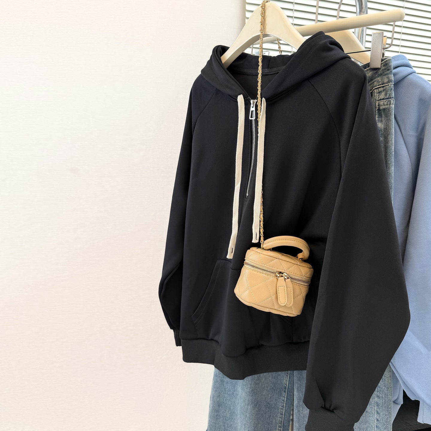 Style Real Shot Autumn Winter New Shoulder Sleeve Hoodie Women Loose Korean Style Thin Half-Zip Hooded Fleece Jacket
