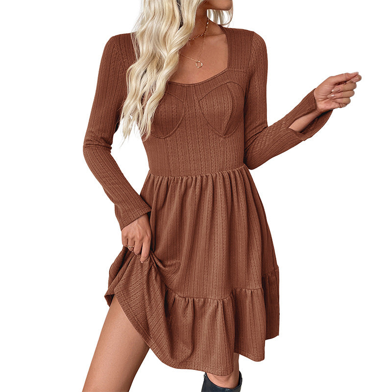 Retro style waist cinching knitted solid color square neck A-line dress