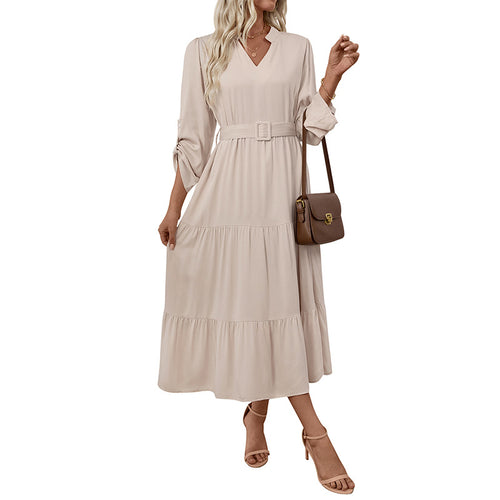 Stand up collar long sleeved solid color jumpsuit long skirt with belt