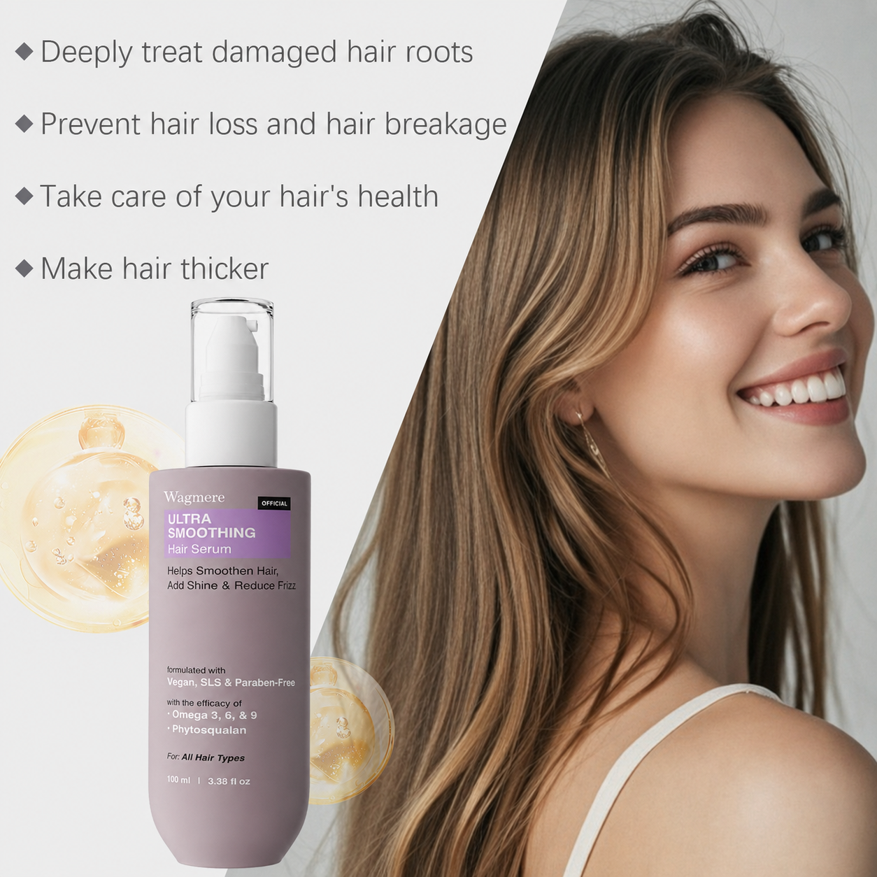 Ultra Smoothing Hair Serum – Reduce Frizz & Deep Hydration | Niacinamide + Carbohydrate Complex for Silky, Smooth Hair | Vegan, SLS & Paraben-Free