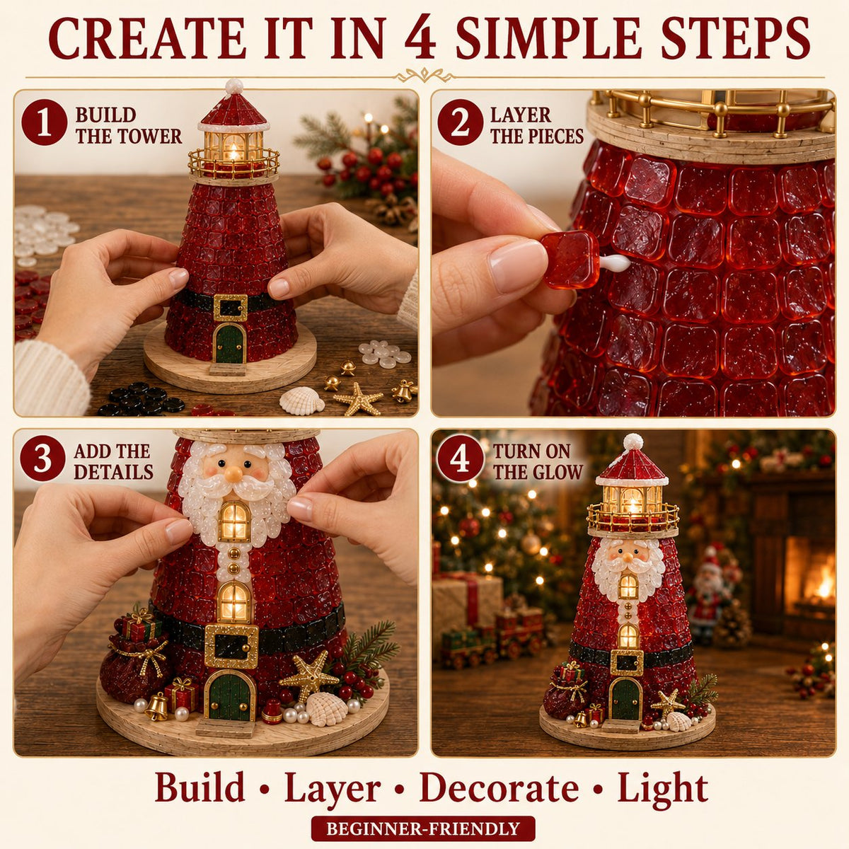 🎄Beginner-Friendly DIY Lighted Christmas Character Sea Glass-Style Lighthouse Kit Collection | Complete Kit with Sea Glass-Style Pieces💕