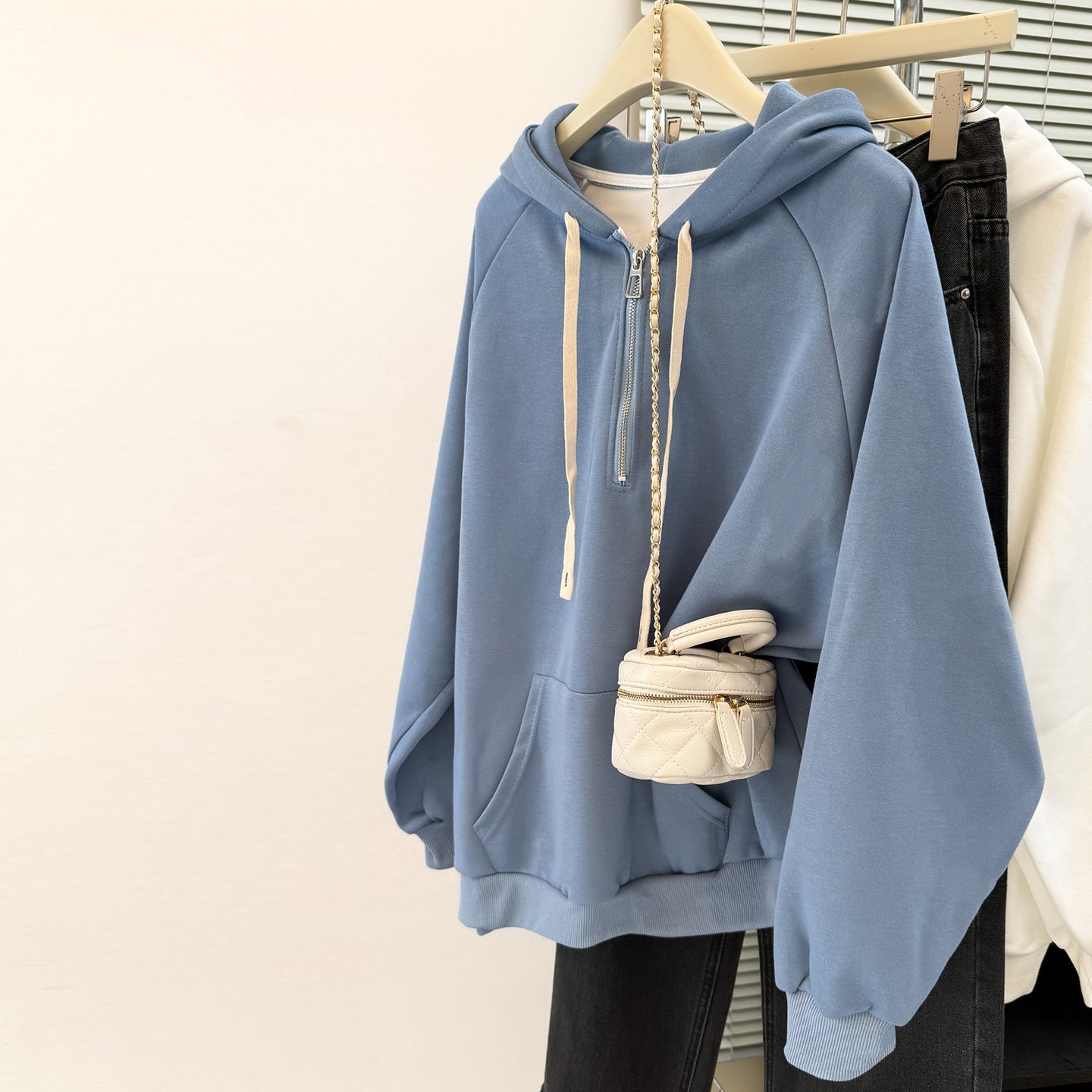 Style Real Shot Autumn Winter New Shoulder Sleeve Hoodie Women Loose Korean Style Thin Half-Zip Hooded Fleece Jacket
