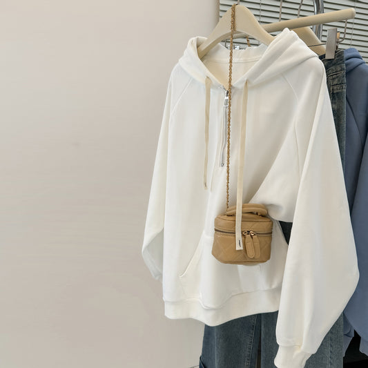 Style Real Shot Autumn Winter New Shoulder Sleeve Hoodie Women Loose Korean Style Thin Half-Zip Hooded Fleece Jacket