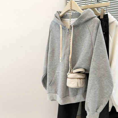 Style Real Shot Autumn Winter New Shoulder Sleeve Hoodie Women Loose Korean Style Thin Half-Zip Hooded Fleece Jacket