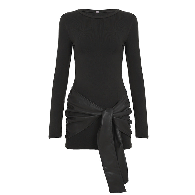 Solid color PU decorative dress with front tie