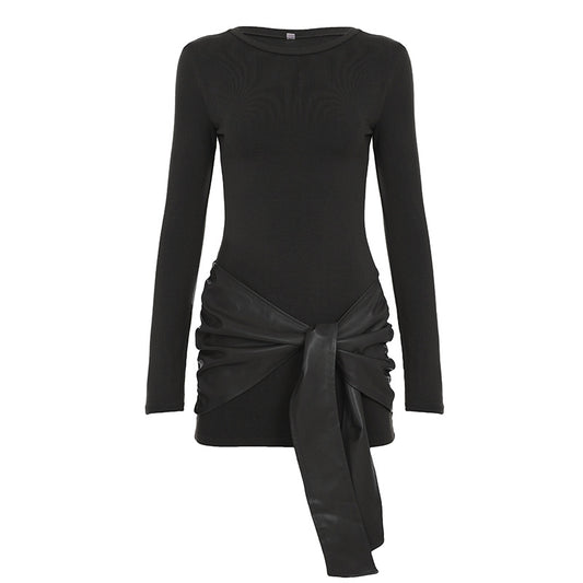 Solid color PU decorative dress with front tie