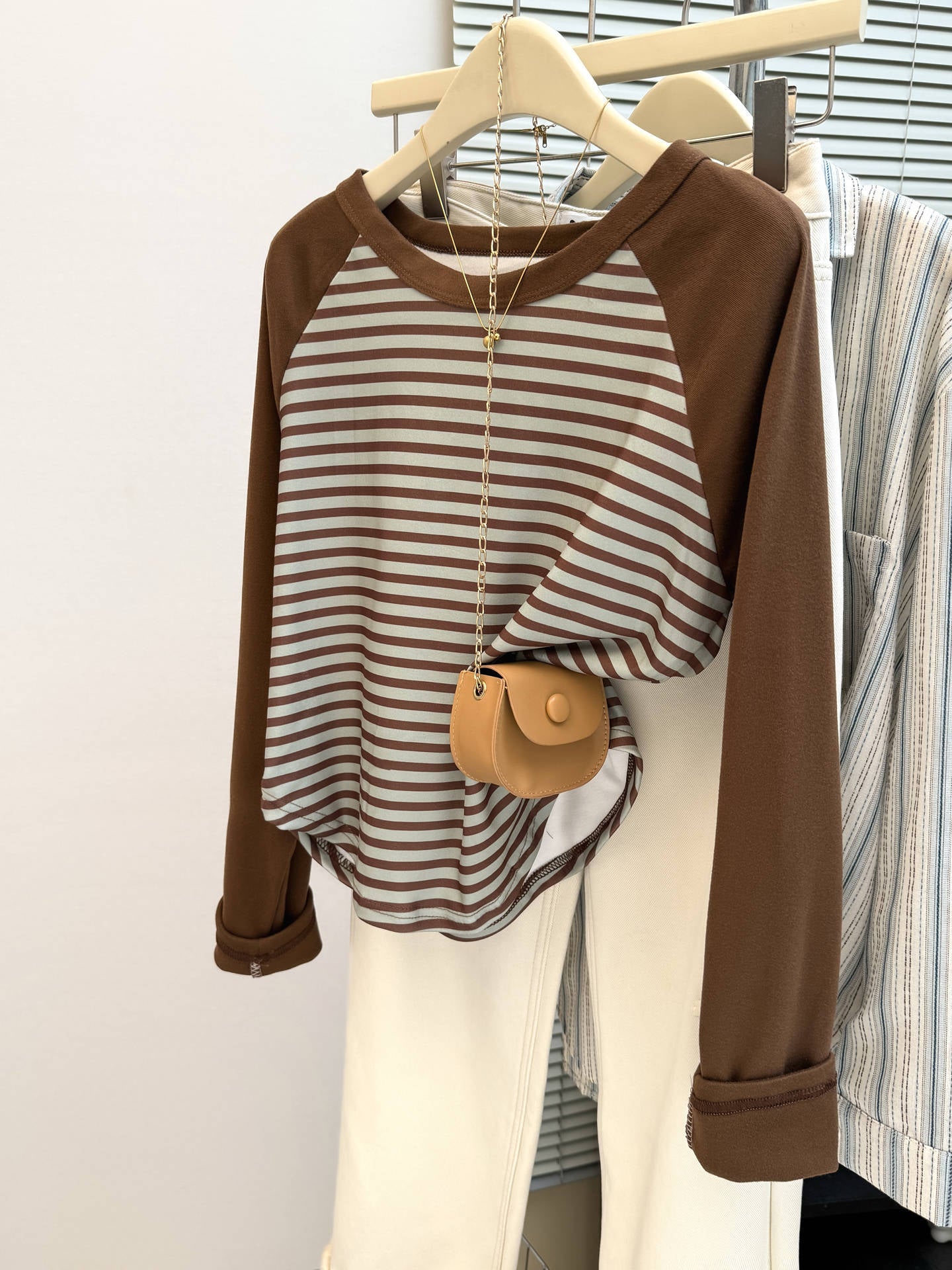 Style Real Shot Debona Fleece Shoulder Sleeve Long Sleeve T-Shirt for Women Slim Fit Base Layer Color Block Stripe Top