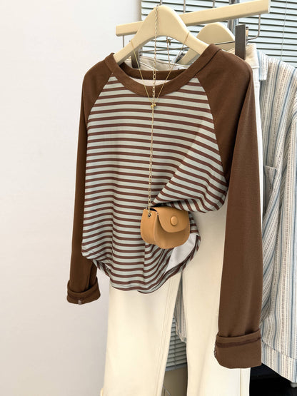 Style Real Shot Debona Fleece Shoulder Sleeve Long Sleeve T-Shirt for Women Slim Fit Base Layer Color Block Stripe Top