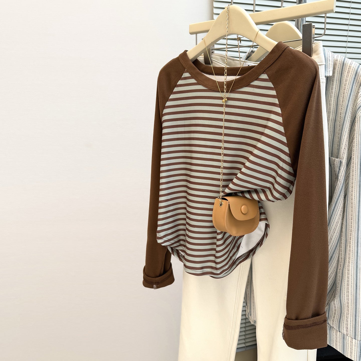 Style Real Shot Debona Fleece Shoulder Sleeve Long Sleeve T-Shirt for Women Slim Fit Base Layer Color Block Stripe Top