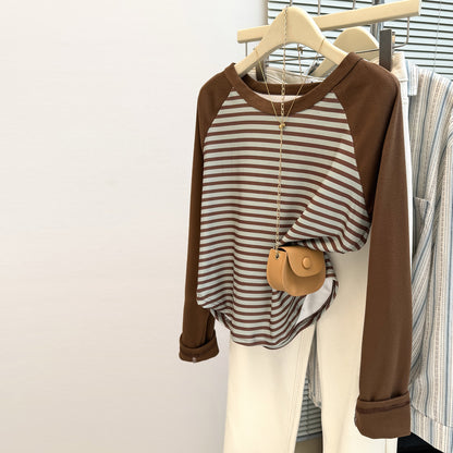 Style Real Shot Debona Fleece Shoulder Sleeve Long Sleeve T-Shirt for Women Slim Fit Base Layer Color Block Stripe Top
