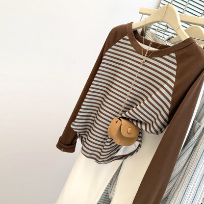Style Real Shot Debona Fleece Shoulder Sleeve Long Sleeve T-Shirt for Women Slim Fit Base Layer Color Block Stripe Top