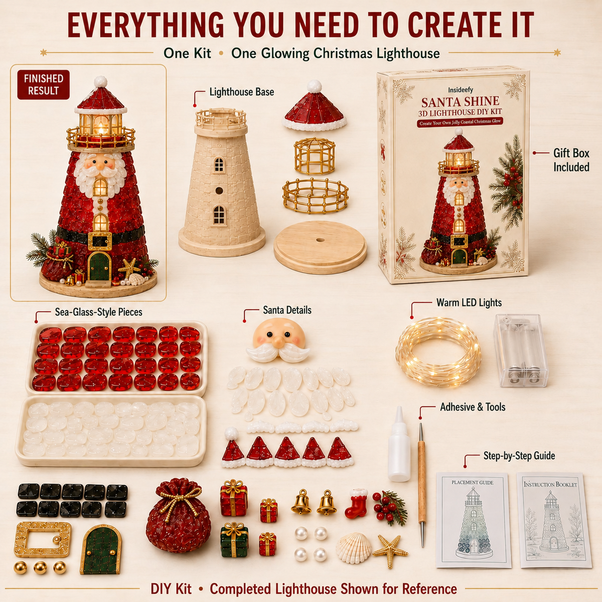 🎄Beginner-Friendly DIY Lighted Christmas Character Sea Glass-Style Lighthouse Kit Collection | Complete Kit with Sea Glass-Style Pieces💕