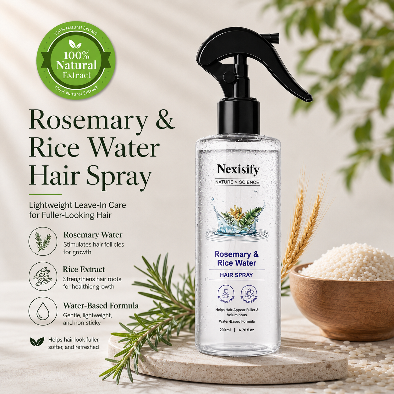 Rosemary Rice Water Hair Mist for Soft Smooth Non Greasy Hair